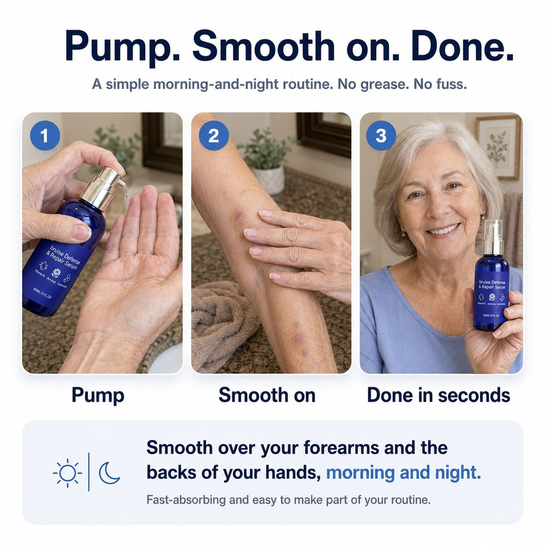 How to use — pump, smooth on, done, morning and night