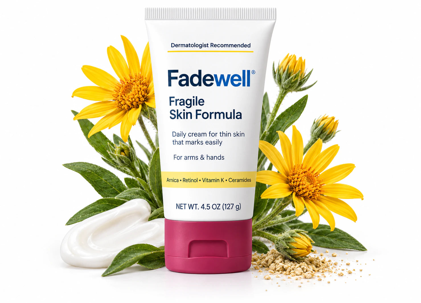 Fadewell Fragile Skin Formula surrounded by Arnica montana flowers