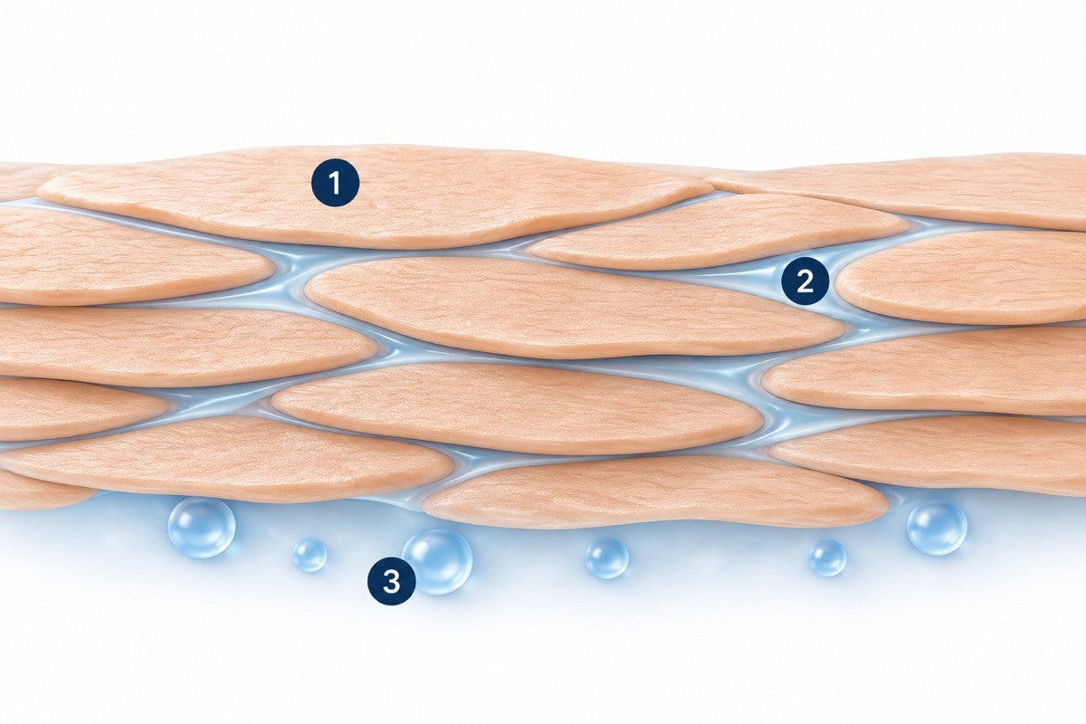 Diagram showing skin cells, natural fats between them, and moisture beneath the outer barrier