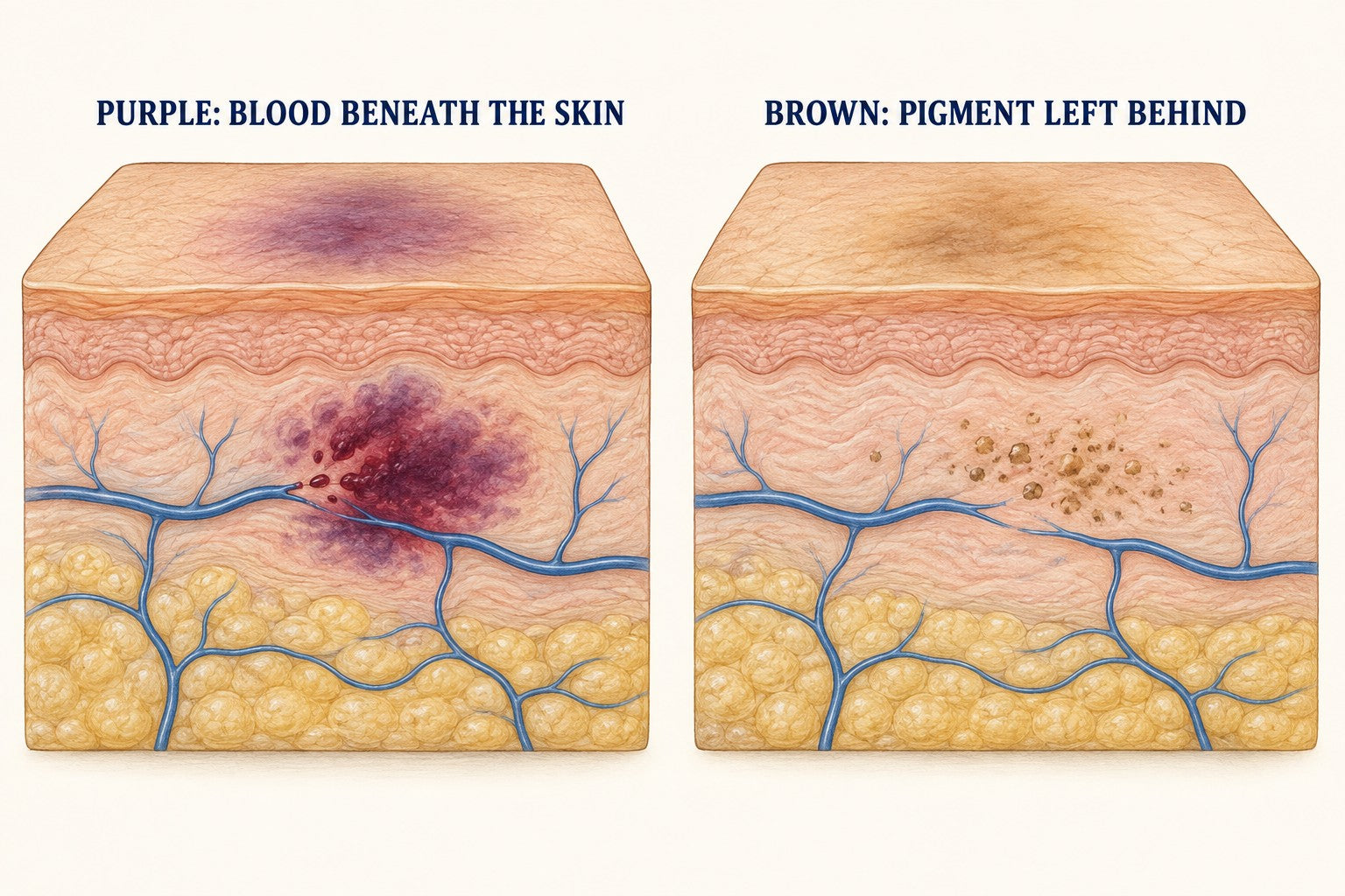 Conceptual skin cutaways: escaped blood beneath a purple patch, and residual brown pigment after blood breaks down