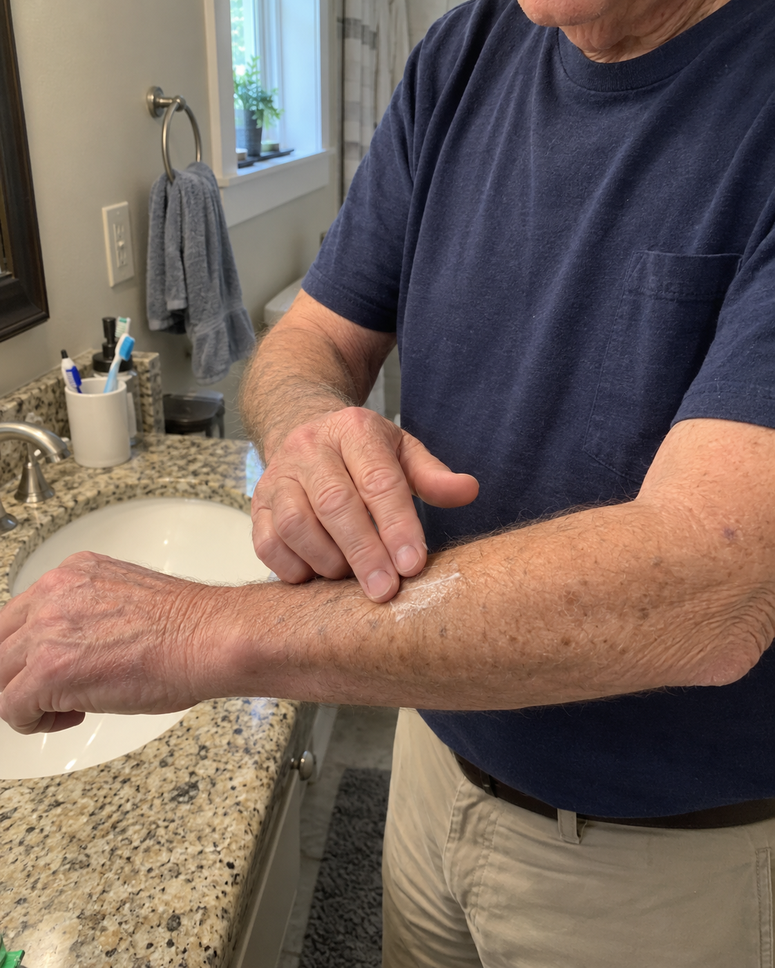 Illustration of an older adult applying cream across a forearm