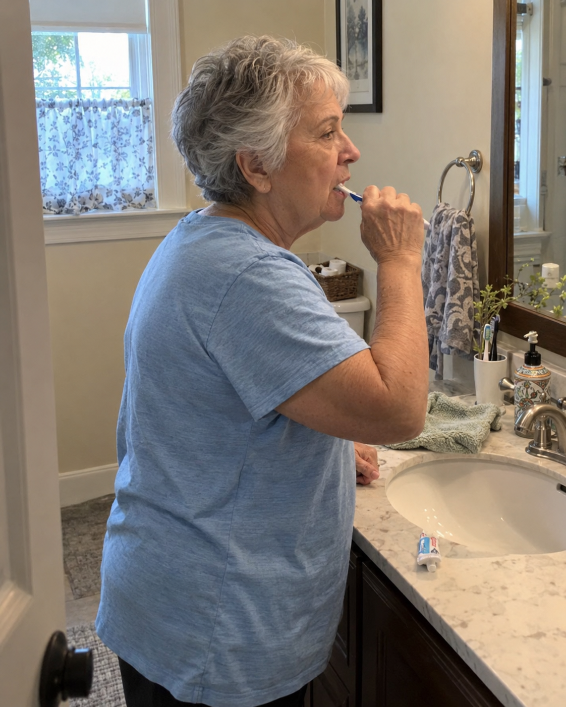 Illustration of an older adult brushing their teeth