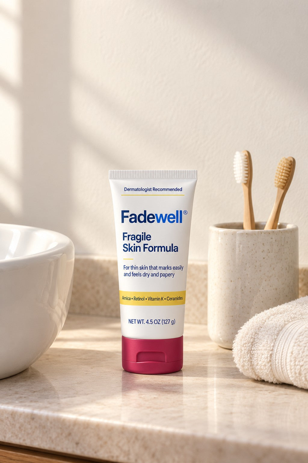 Fadewell cream beside toothbrushes on a sunlit bathroom counter