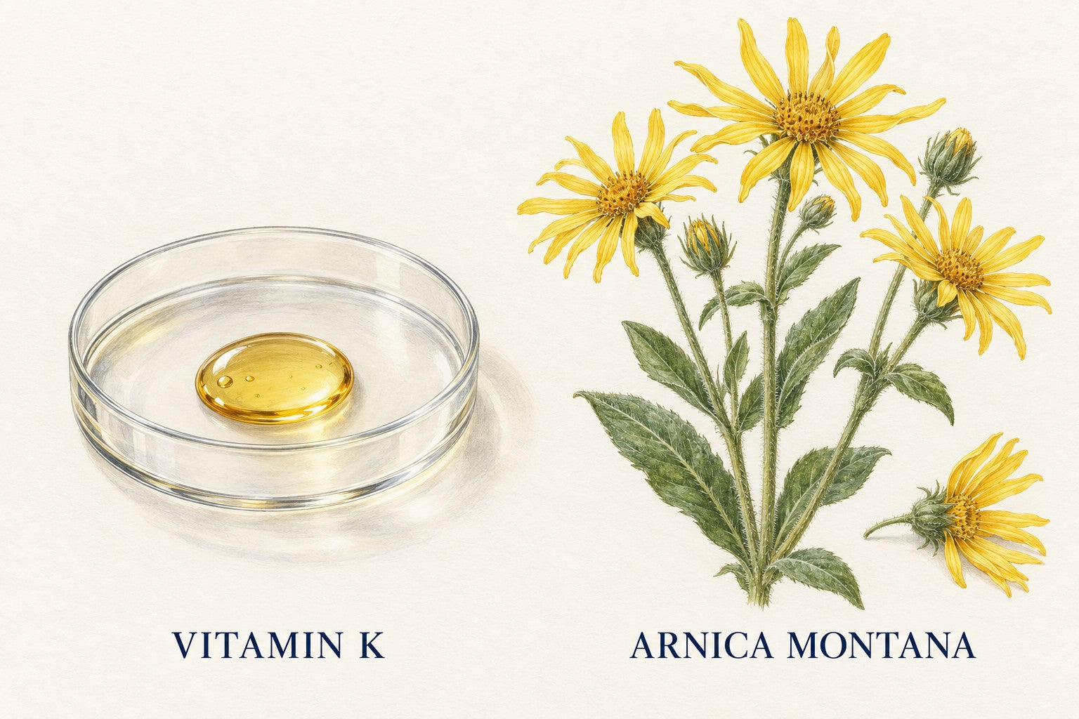 Conceptual vitamin K ingredient portrait and botanical illustration of yellow Arnica montana flowers