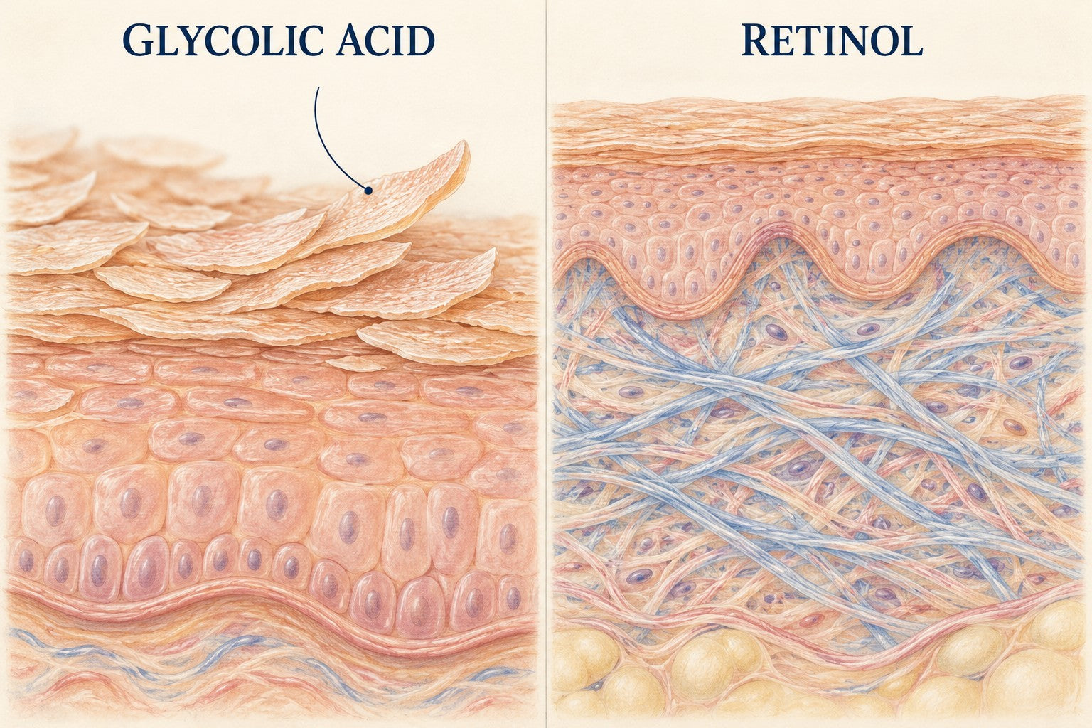 Conceptual skin details showing shedding surface cells and the collagen network beneath the surface