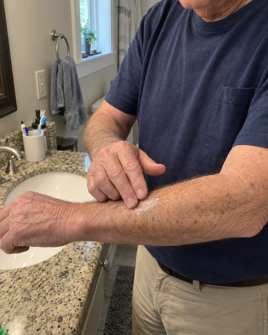An older man gently spreading cream across his forearm.