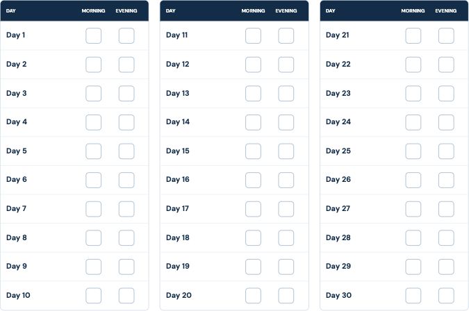 Thirty days with a morning and evening checkbox for each day.